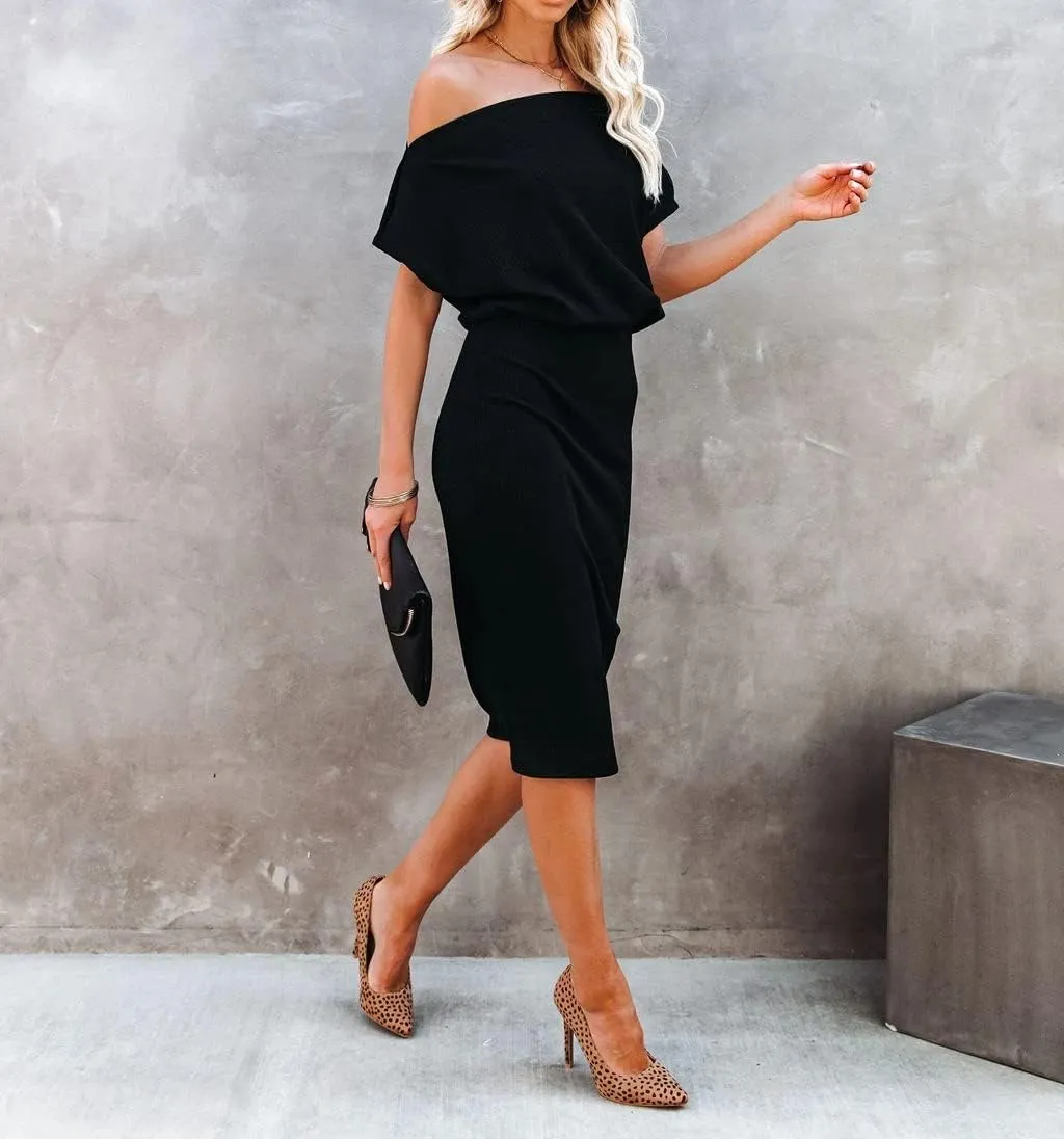 Ezbelle Women's 2025 Summer Dress Off The Shoulder Short Sleeve Ribbed Casual Party Bodycon Midi Dresses