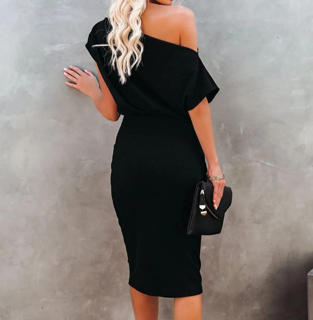 Ezbelle Women's 2025 Summer Dress Off The Shoulder Short Sleeve Ribbed Casual Party Bodycon Midi Dresses