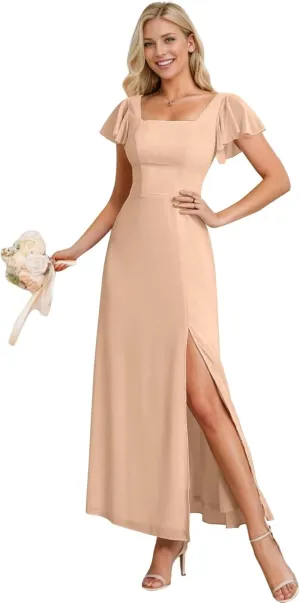 Fair Lady Bridesmaid Dresses for Wedding Women's Empire Waist Short Sleeve A Line Chiffon Long Formal Evening Gowns with Slit