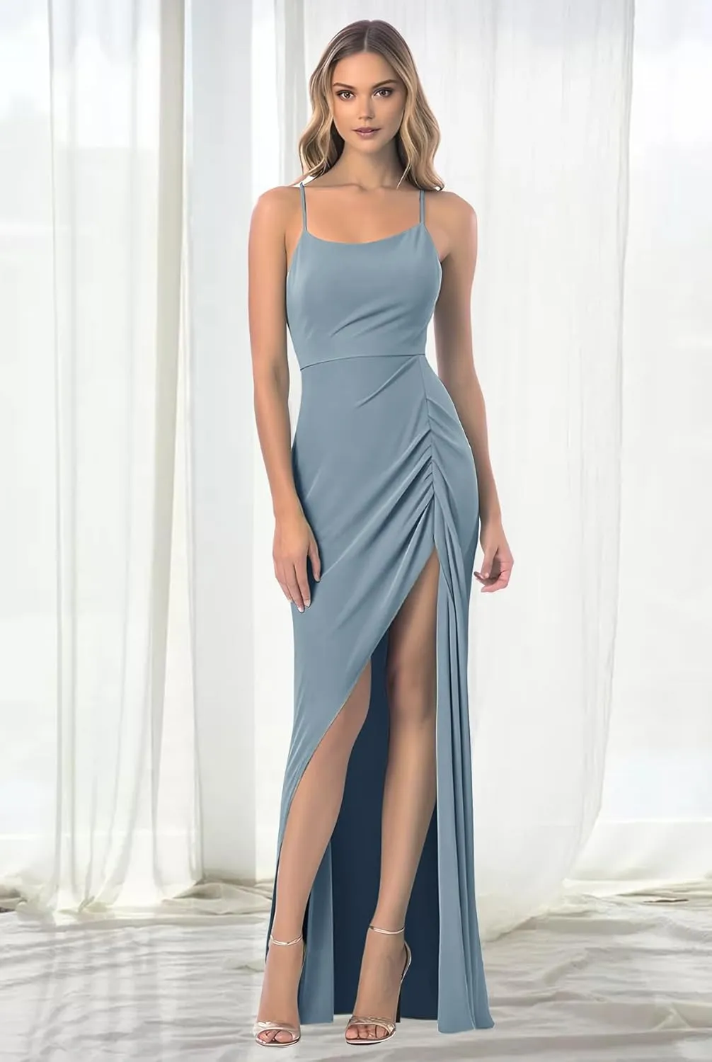 Fanciest Women's Spaghetti Straps Pleated Long Bridesmaid Dresses 2024 Front Slit Wedding Guest Dress Chiffon Evening Gowns