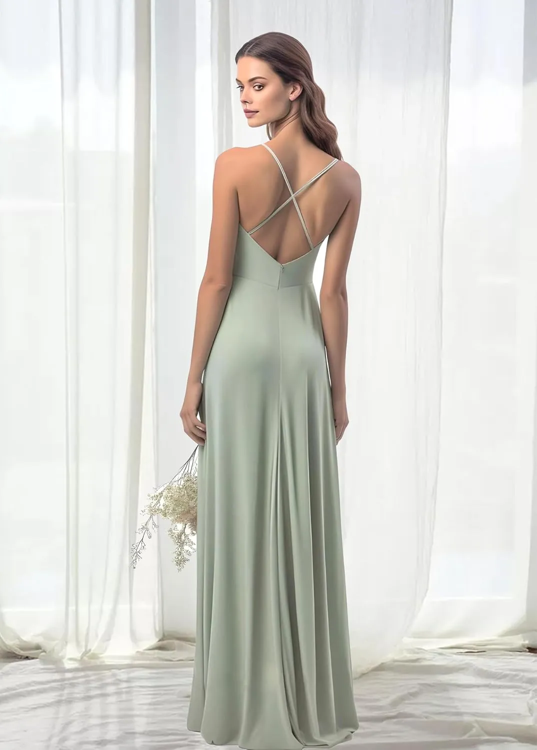 Fanciest Women's Spaghetti Straps Pleated Long Bridesmaid Dresses 2024 Front Slit Wedding Guest Dress Chiffon Evening Gowns