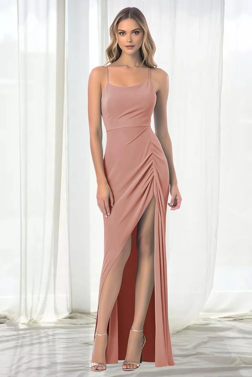 Fanciest Women's Spaghetti Straps Pleated Long Bridesmaid Dresses 2024 Front Slit Wedding Guest Dress Chiffon Evening Gowns
