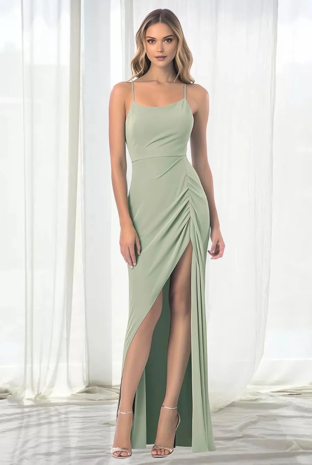 Fanciest Women's Spaghetti Straps Pleated Long Bridesmaid Dresses 2024 Front Slit Wedding Guest Dress Chiffon Evening Gowns