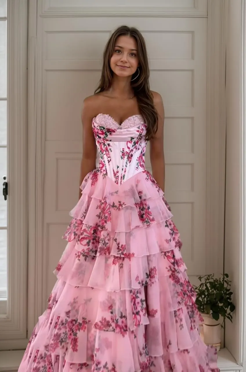 FANGHEIA Floral Print Prom Dresses 2025 Strapless Chiffon Tiered Corset Formal Dress Evening Party Gown with Slit