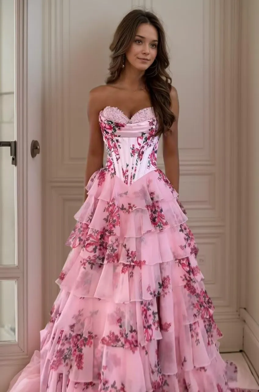 FANGHEIA Floral Print Prom Dresses 2025 Strapless Chiffon Tiered Corset Formal Dress Evening Party Gown with Slit