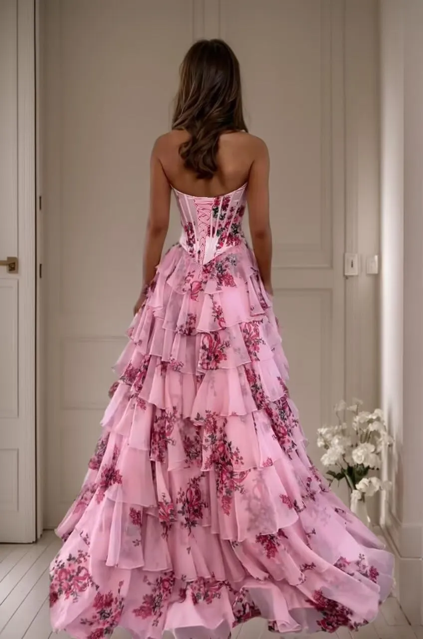 FANGHEIA Floral Print Prom Dresses 2025 Strapless Chiffon Tiered Corset Formal Dress Evening Party Gown with Slit