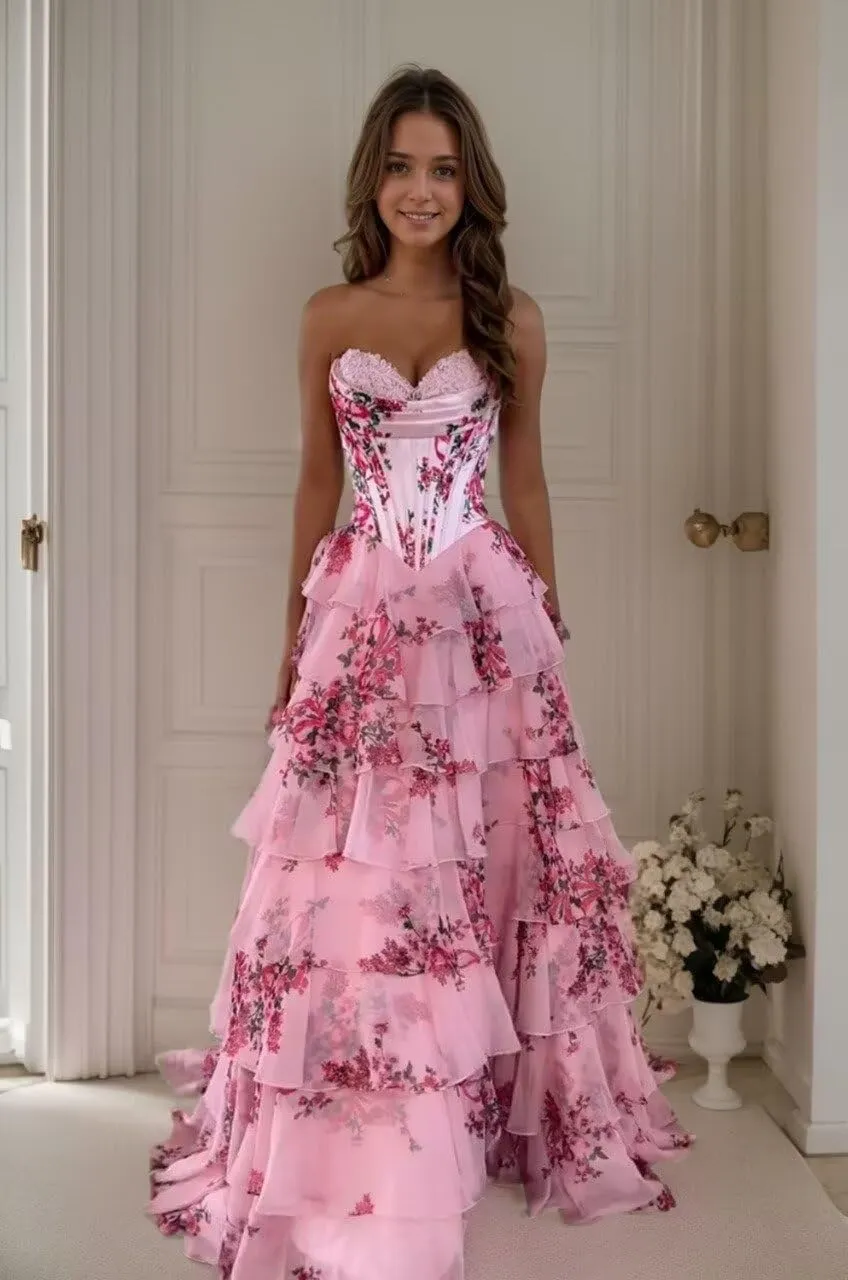 FANGHEIA Floral Print Prom Dresses 2025 Strapless Chiffon Tiered Corset Formal Dress Evening Party Gown with Slit