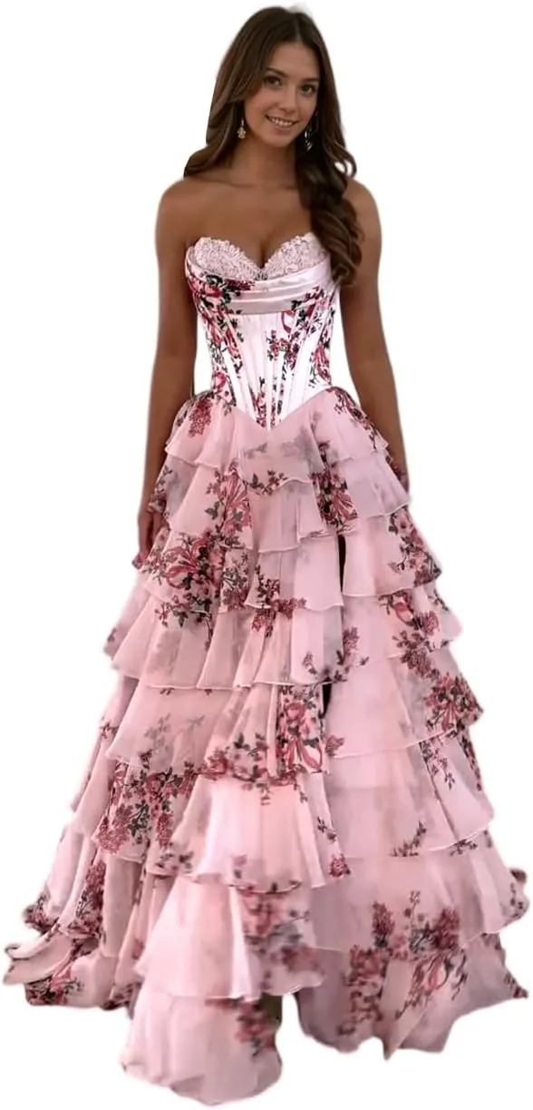 FANGHEIA Floral Print Prom Dresses 2025 Strapless Chiffon Tiered Corset Formal Dress Evening Party Gown with Slit