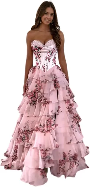 FANGHEIA Floral Print Prom Dresses 2025 Strapless Chiffon Tiered Corset Formal Dress Evening Party Gown with Slit