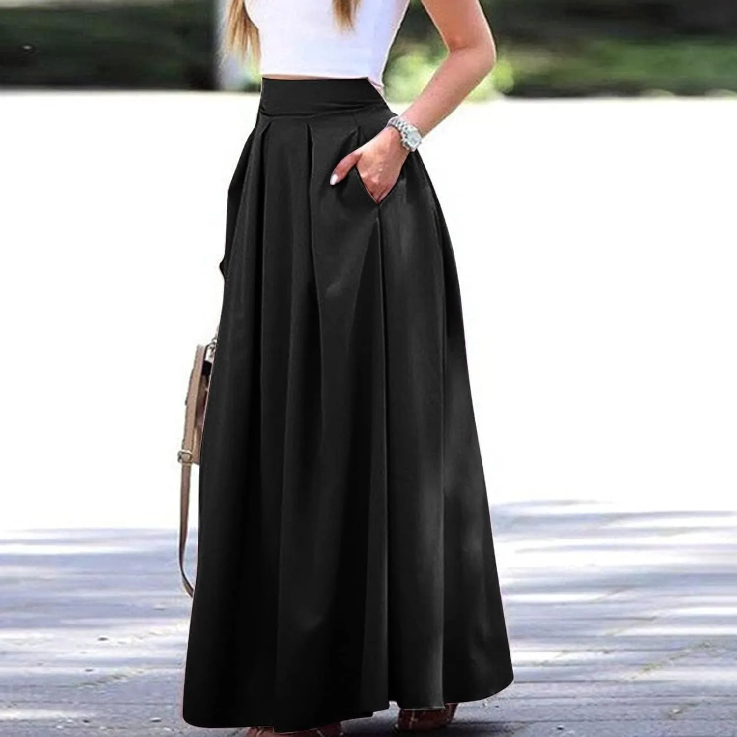 Fashion Women Skirt Elastic Waist A-Line High Waist Skirt Spring Dresses Midi Skirts Solid Skirt Double Slit