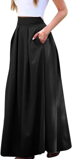 Fashion Women Skirt Elastic Waist A-Line High Waist Skirt Spring Dresses Midi Skirts Solid Skirt Double Slit