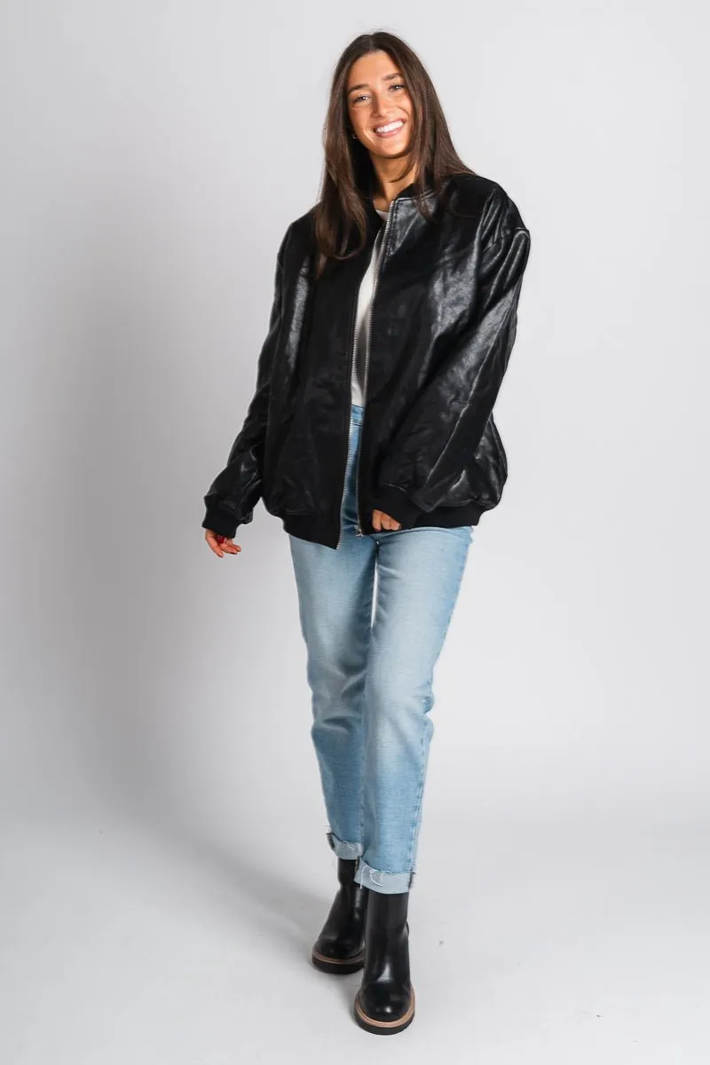 Faux leather bomber jacket black