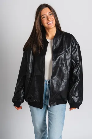 Faux leather bomber jacket black