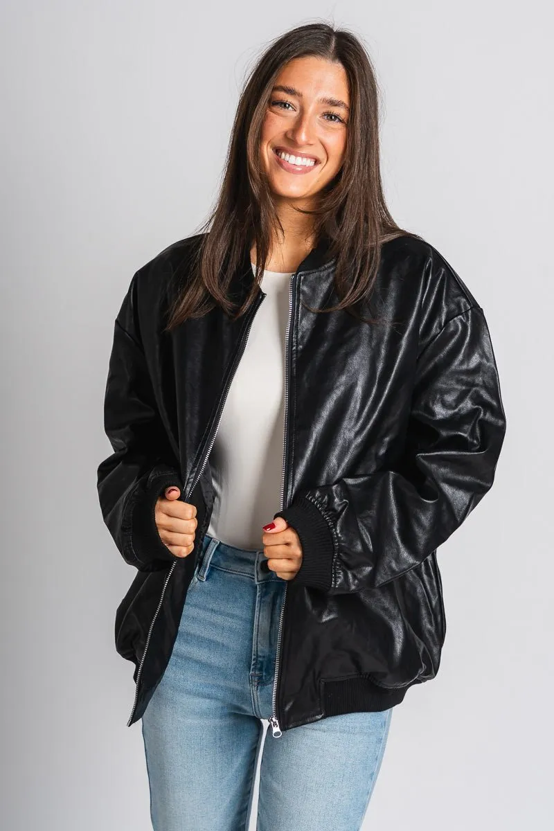 Faux leather bomber jacket black