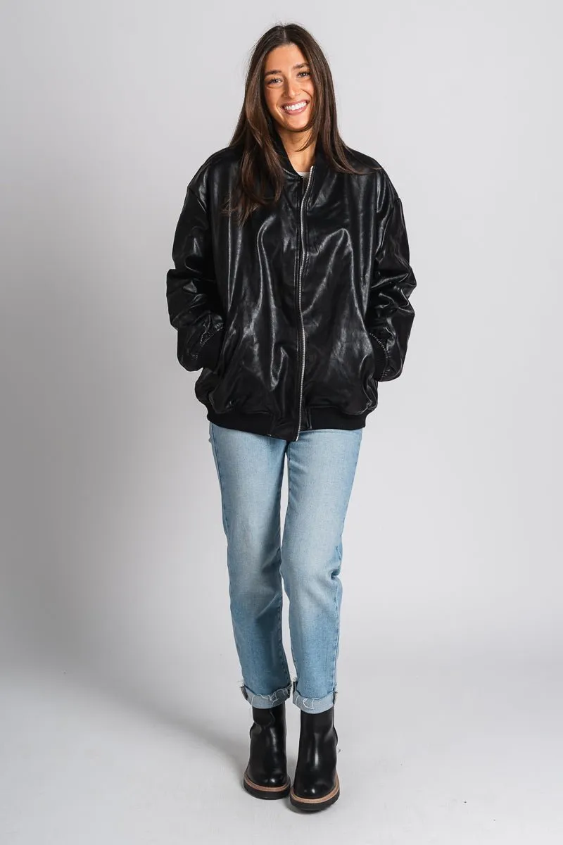 Faux leather bomber jacket black