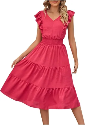 Firzero Womens Summer Dresses Casual Ruffle Cap Short Sleeve Elastic Waist Long Dress V Neck Wedding Guest A Line Maxi Dress