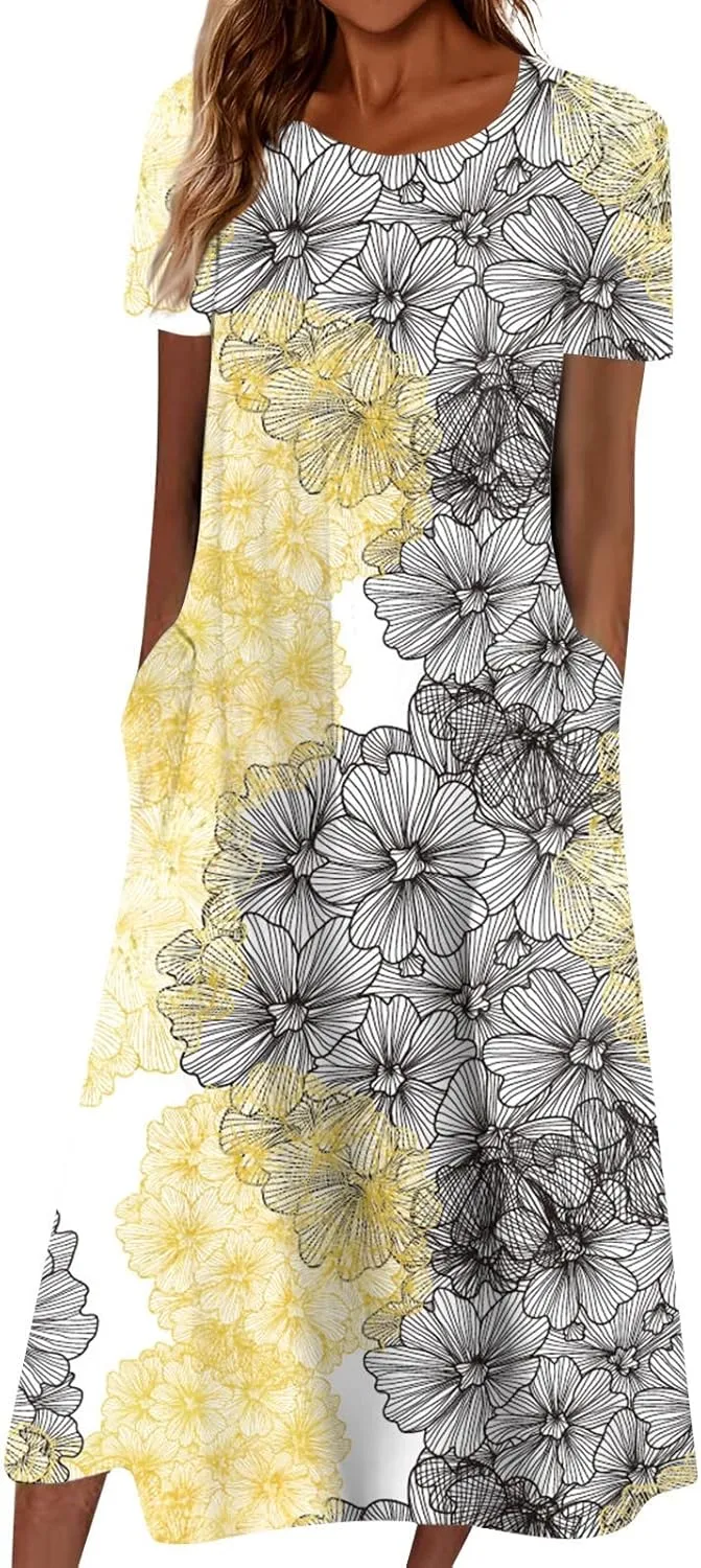 FlekmanArt Women's 2024 Casual Floral Printed Maxi Dress with Short Sleeves, Pocket, Loose Fit, Size S, Blue