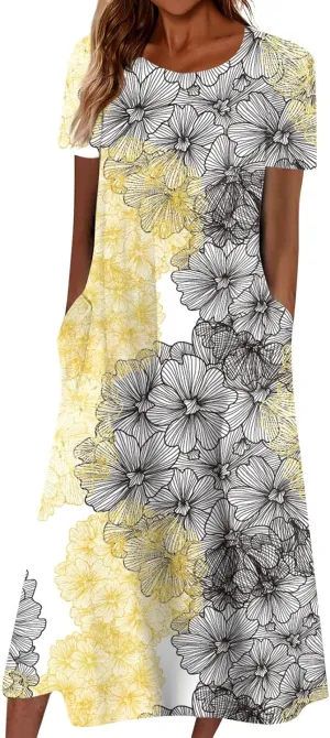FlekmanArt Women's 2024 Casual Floral Printed Maxi Dress with Short Sleeves, Pocket, Loose Fit, Size S, Blue
