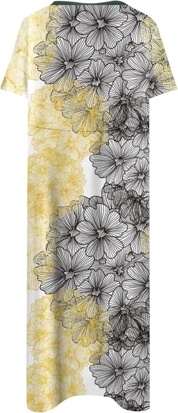 FlekmanArt Women's 2024 Casual Floral Printed Maxi Dress with Short Sleeves, Pocket, Loose Fit, Size S, Blue