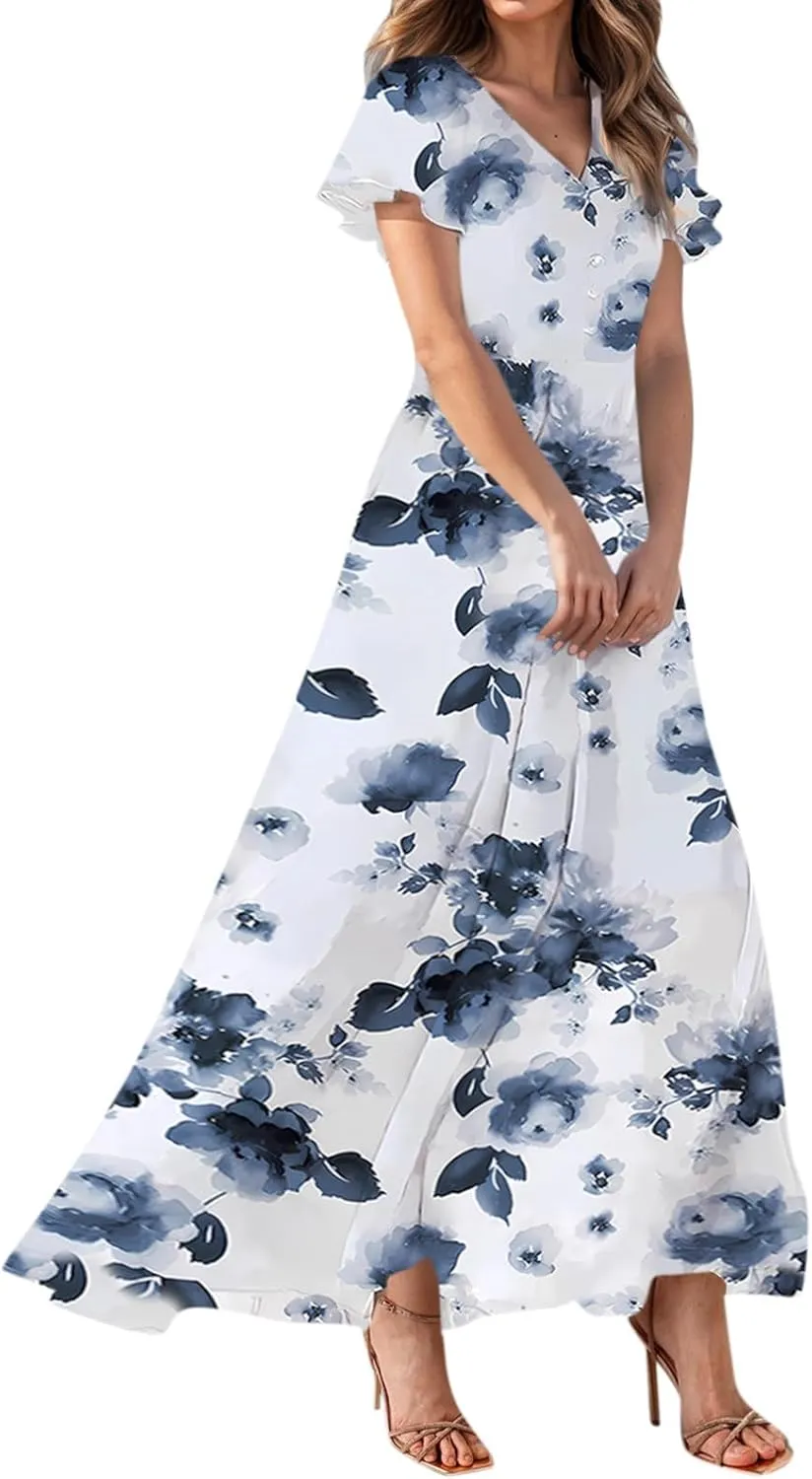 Floral Dress for Women Summer Elegant Chiffon Wedding Guest Dresses Short Sleeve Bohemian Casual Flowy Swing Dress