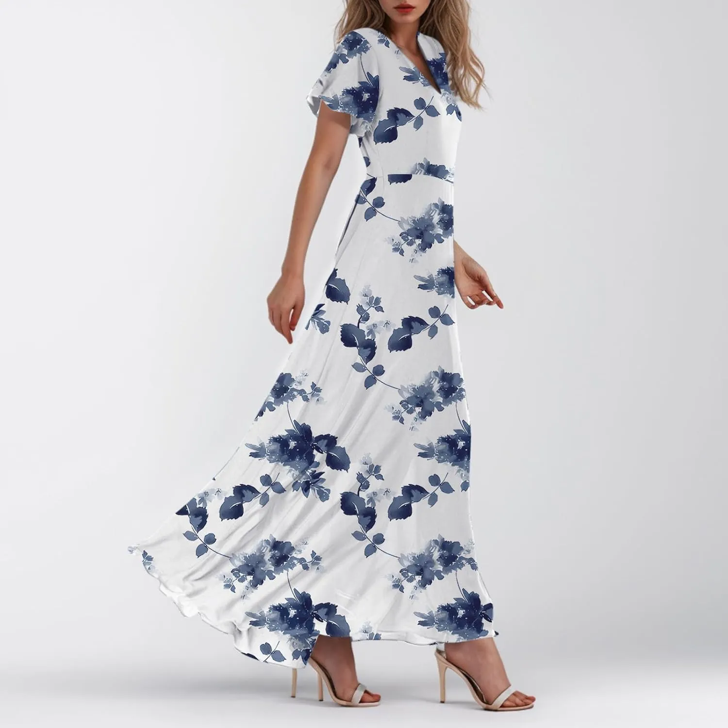 Floral Dress for Women Summer Elegant Chiffon Wedding Guest Dresses Short Sleeve Bohemian Casual Flowy Swing Dress