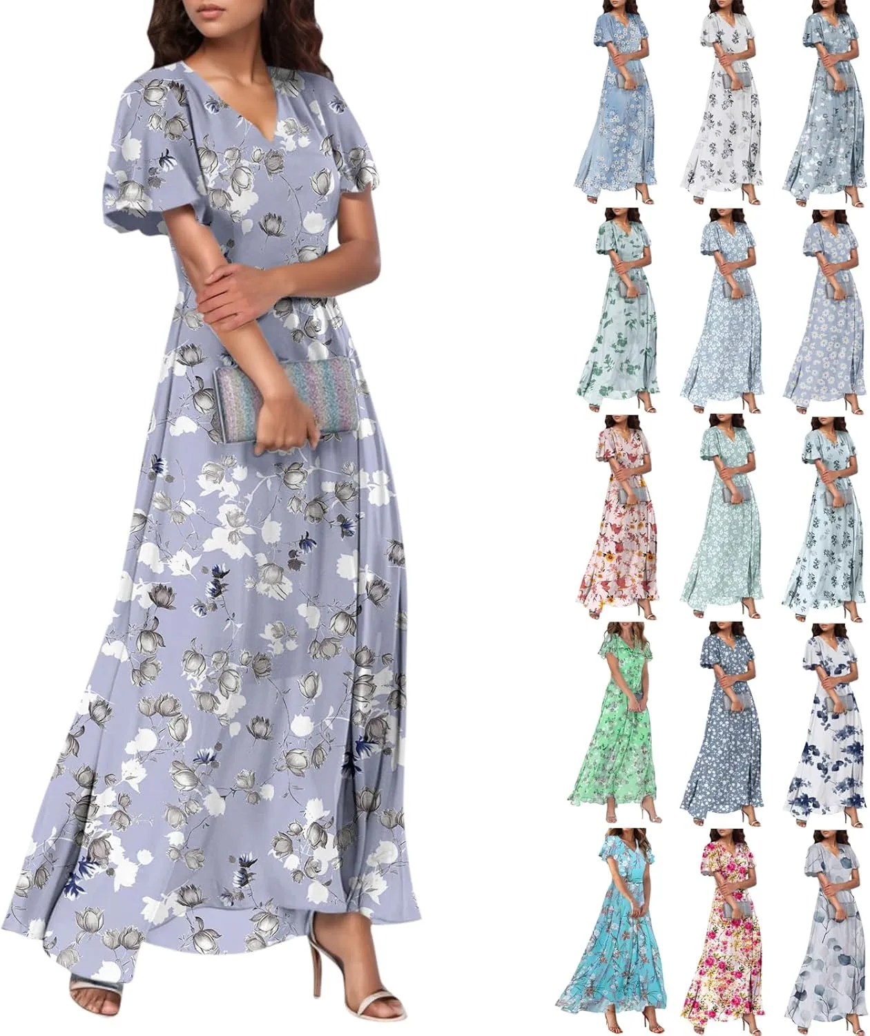 Floral Dress for Women Summer Elegant Chiffon Wedding Guest Dresses Short Sleeve Bohemian Casual Flowy Swing Dress