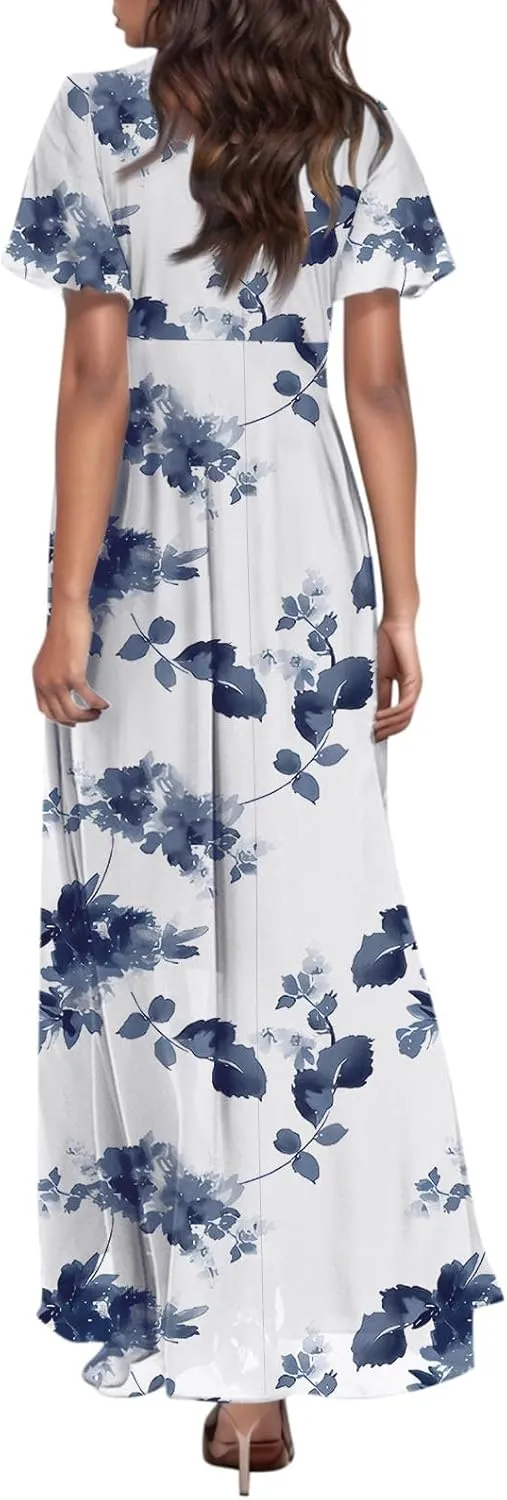 Floral Dress for Women Summer Elegant Chiffon Wedding Guest Dresses Short Sleeve Bohemian Casual Flowy Swing Dress