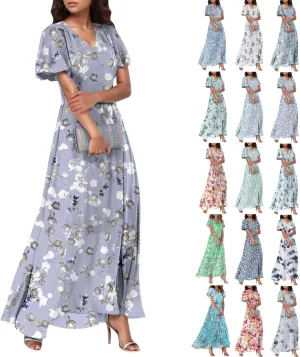 Floral Dress for Women Summer Elegant Chiffon Wedding Guest Dresses Short Sleeve Bohemian Casual Flowy Swing Dress