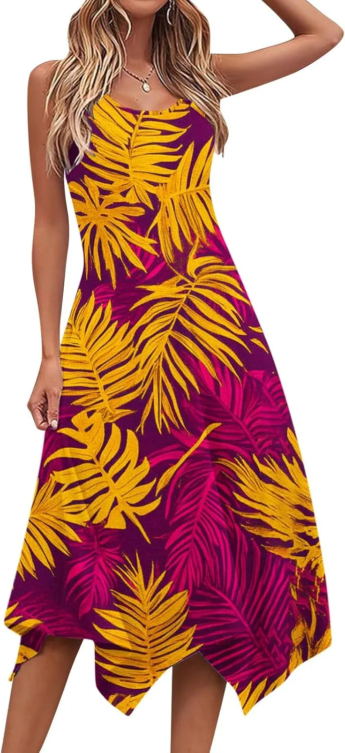Floral Dress for Women Trendy Sleeveless Flowy Handkerchief Dress Casual 2025 Summer Boho Vacation Beach Sundress