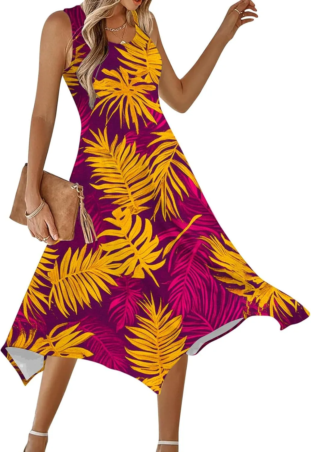 Floral Dress for Women Trendy Sleeveless Flowy Handkerchief Dress Casual 2025 Summer Boho Vacation Beach Sundress
