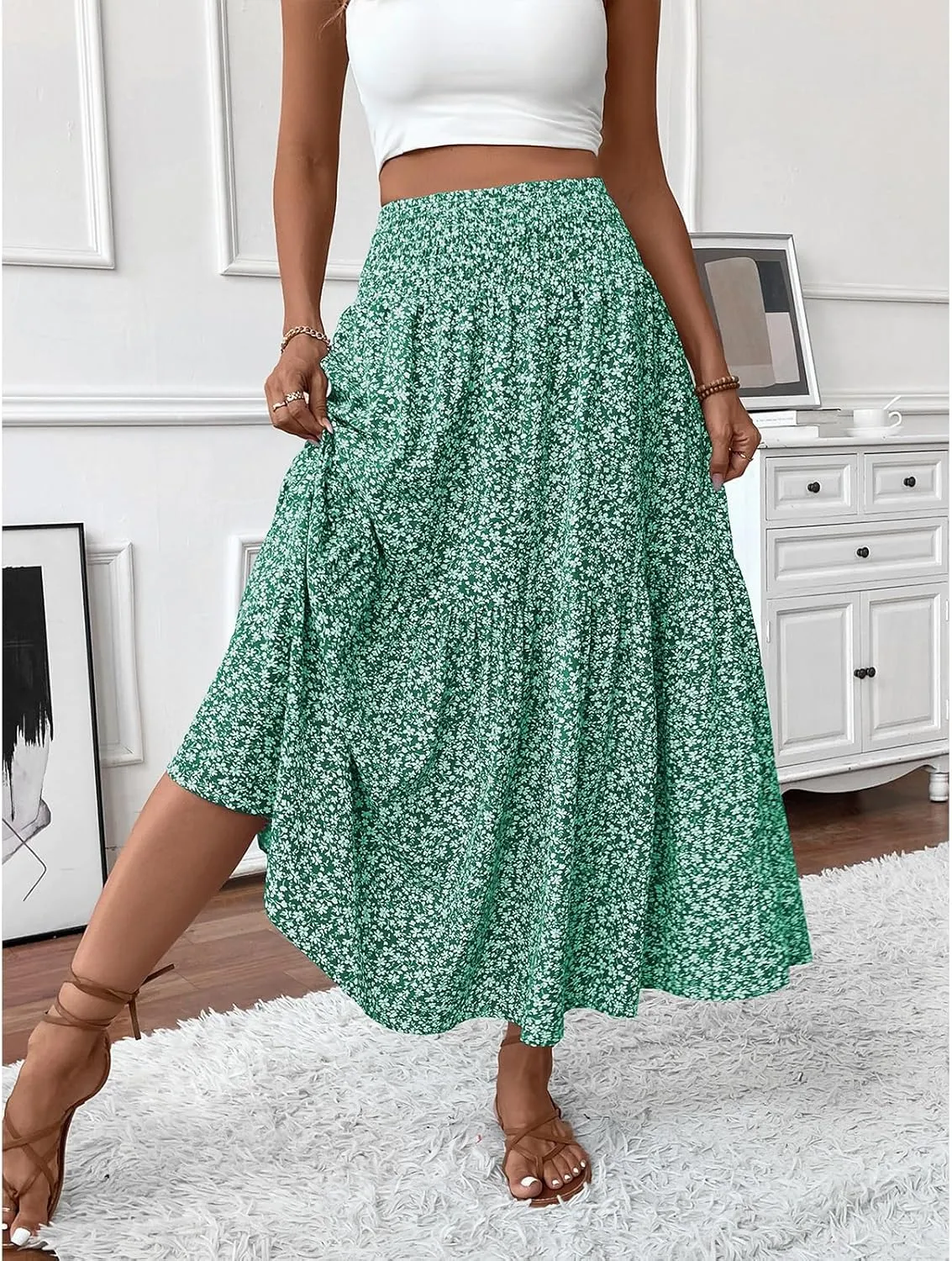 Floral Maxi Skirt for Women Tiered Elastic High Waisted Skirts Casual Summer Vacation A-Line Flowy Swing Long Skirts