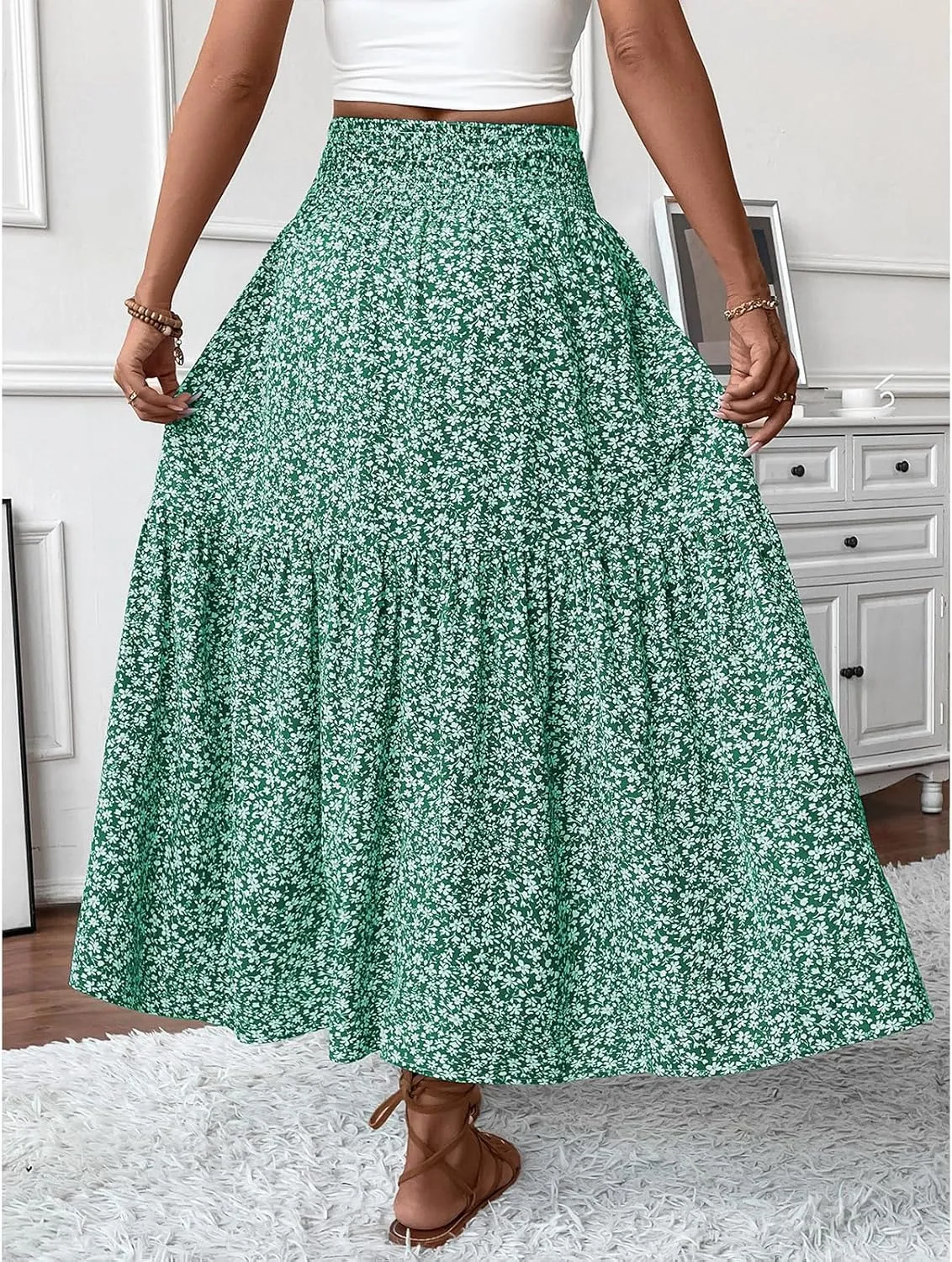 Floral Maxi Skirt for Women Tiered Elastic High Waisted Skirts Casual Summer Vacation A-Line Flowy Swing Long Skirts