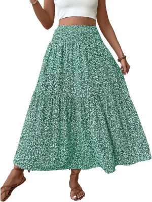Floral Maxi Skirt for Women Tiered Elastic High Waisted Skirts Casual Summer Vacation A-Line Flowy Swing Long Skirts