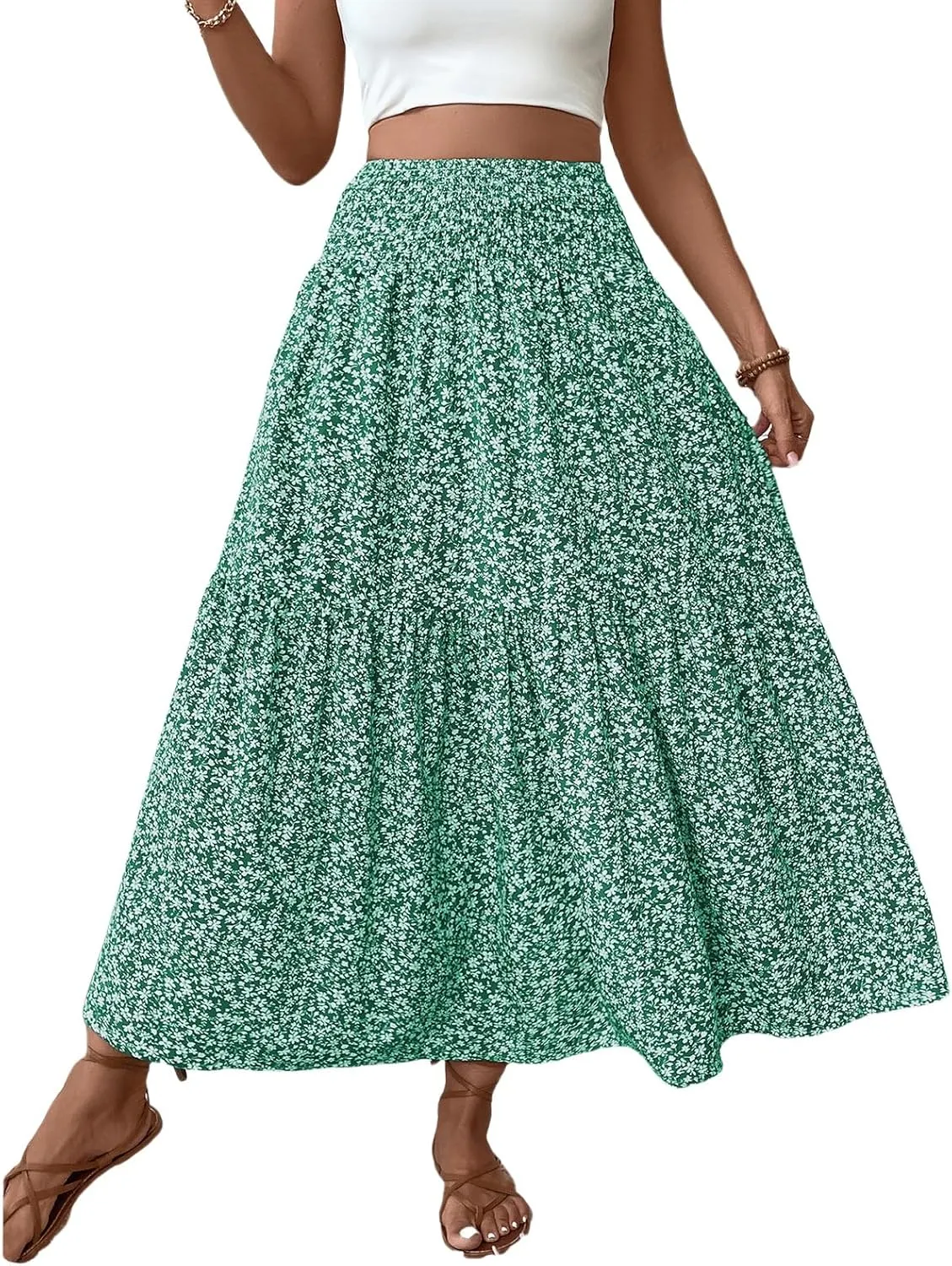 Floral Maxi Skirt for Women Tiered Elastic High Waisted Skirts Casual Summer Vacation A-Line Flowy Swing Long Skirts