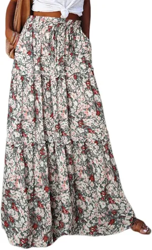 Floral Maxi Skirts for Women 2025 High Waist Pleated A-Line Long Summer Skirt