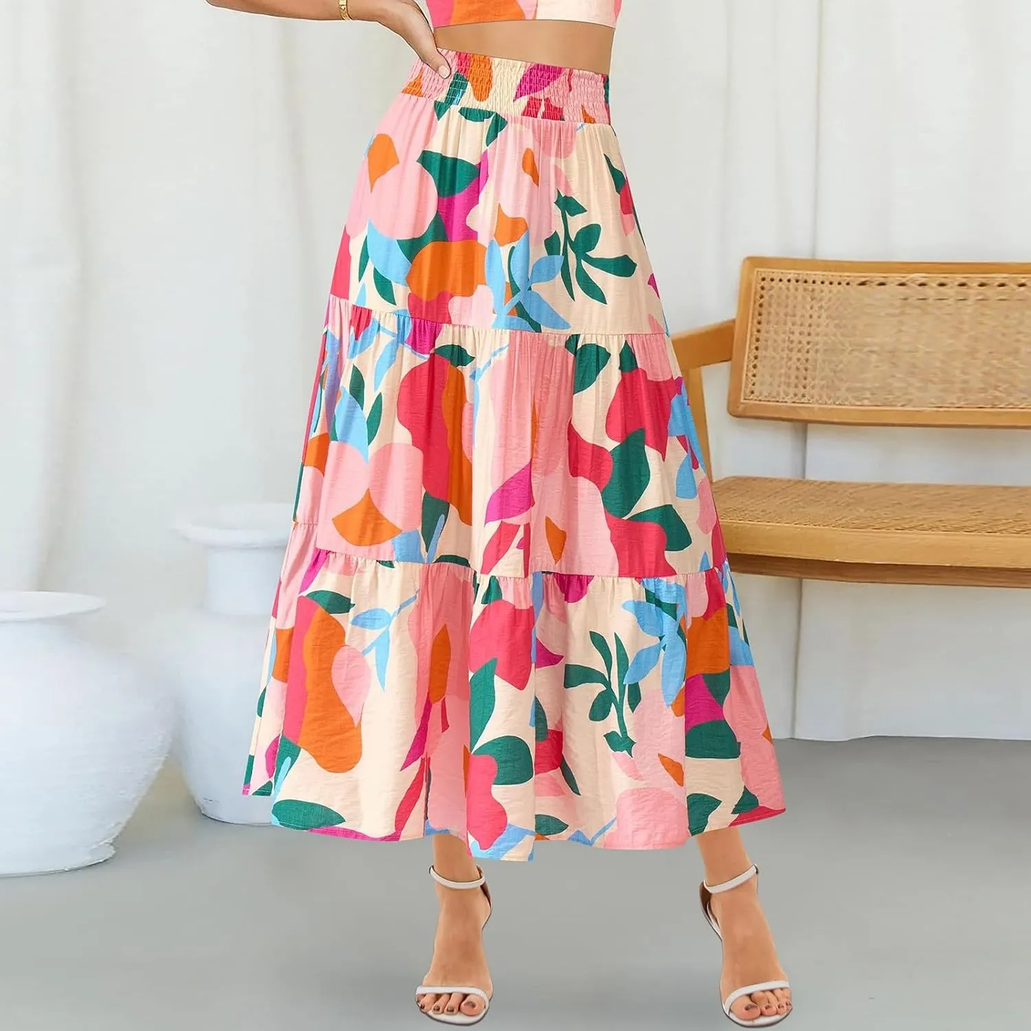 Floral Maxi Skirts for Women Trendy High Waisted Tiered Flowy Boho Long Skirt Cute Ruffle Pleated Beach A Line Skirt