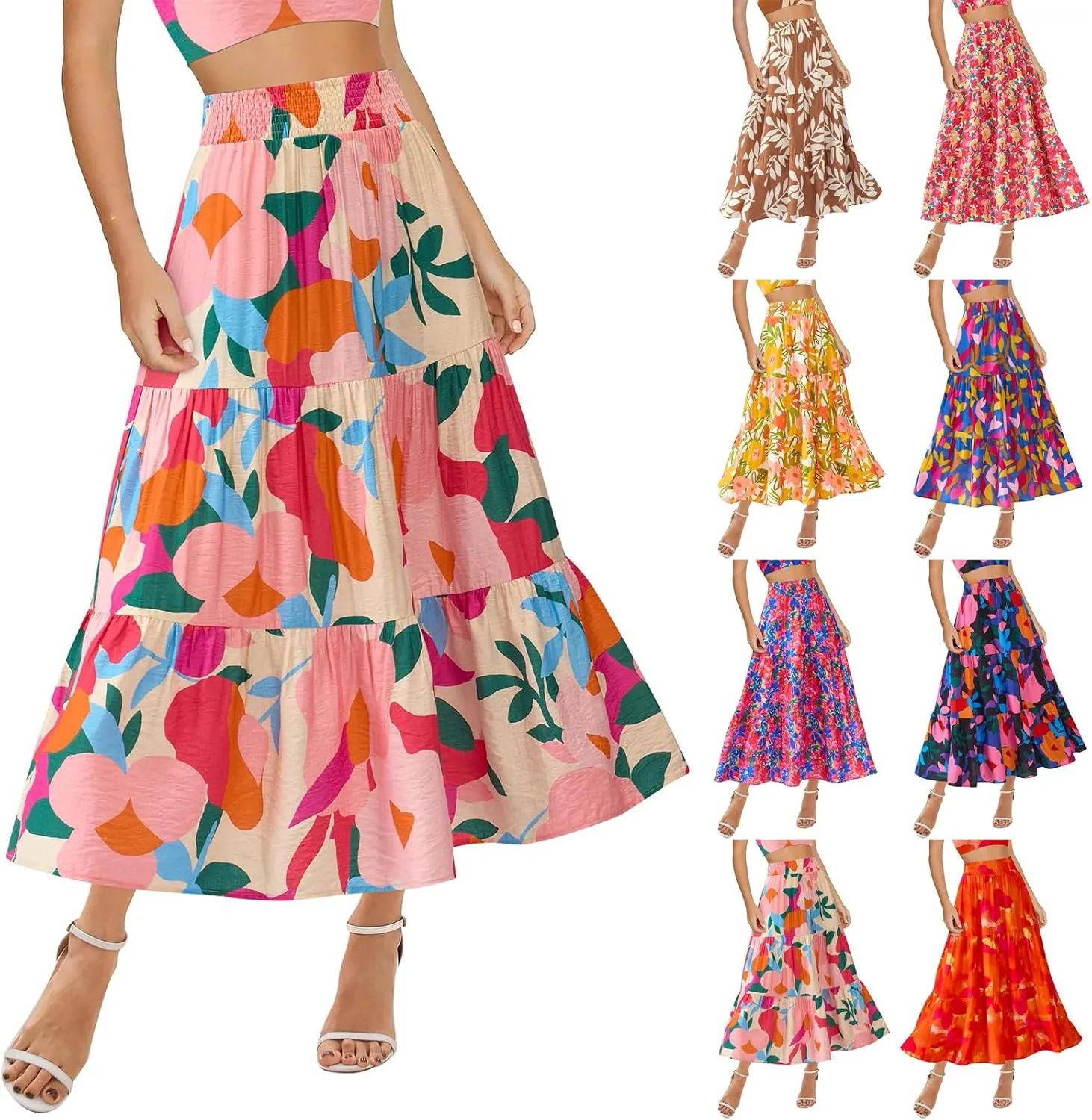 Floral Maxi Skirts for Women Trendy High Waisted Tiered Flowy Boho Long Skirt Cute Ruffle Pleated Beach A Line Skirt