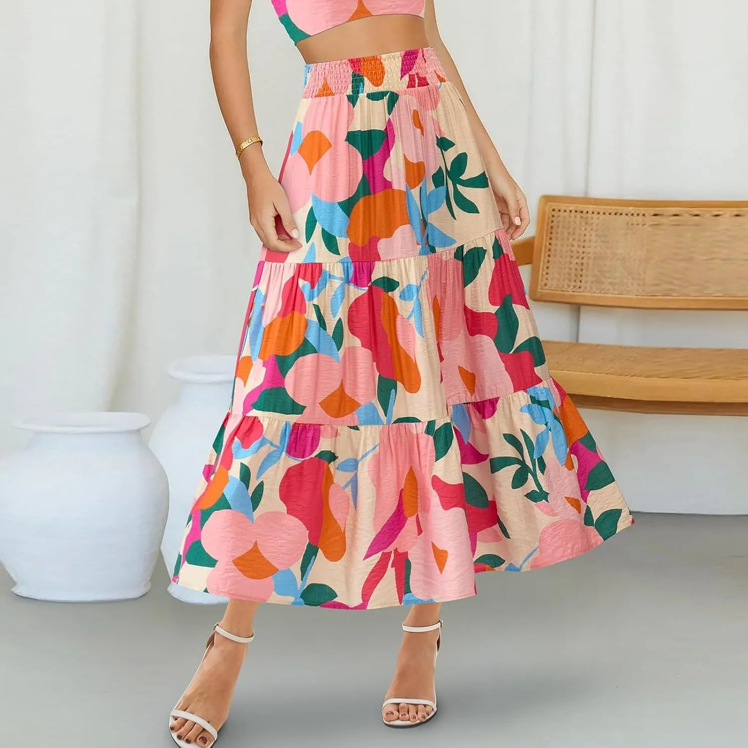 Floral Maxi Skirts for Women Trendy High Waisted Tiered Flowy Boho Long Skirt Cute Ruffle Pleated Beach A Line Skirt