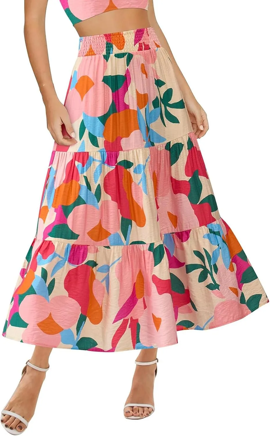 Floral Maxi Skirts for Women Trendy High Waisted Tiered Flowy Boho Long Skirt Cute Ruffle Pleated Beach A Line Skirt