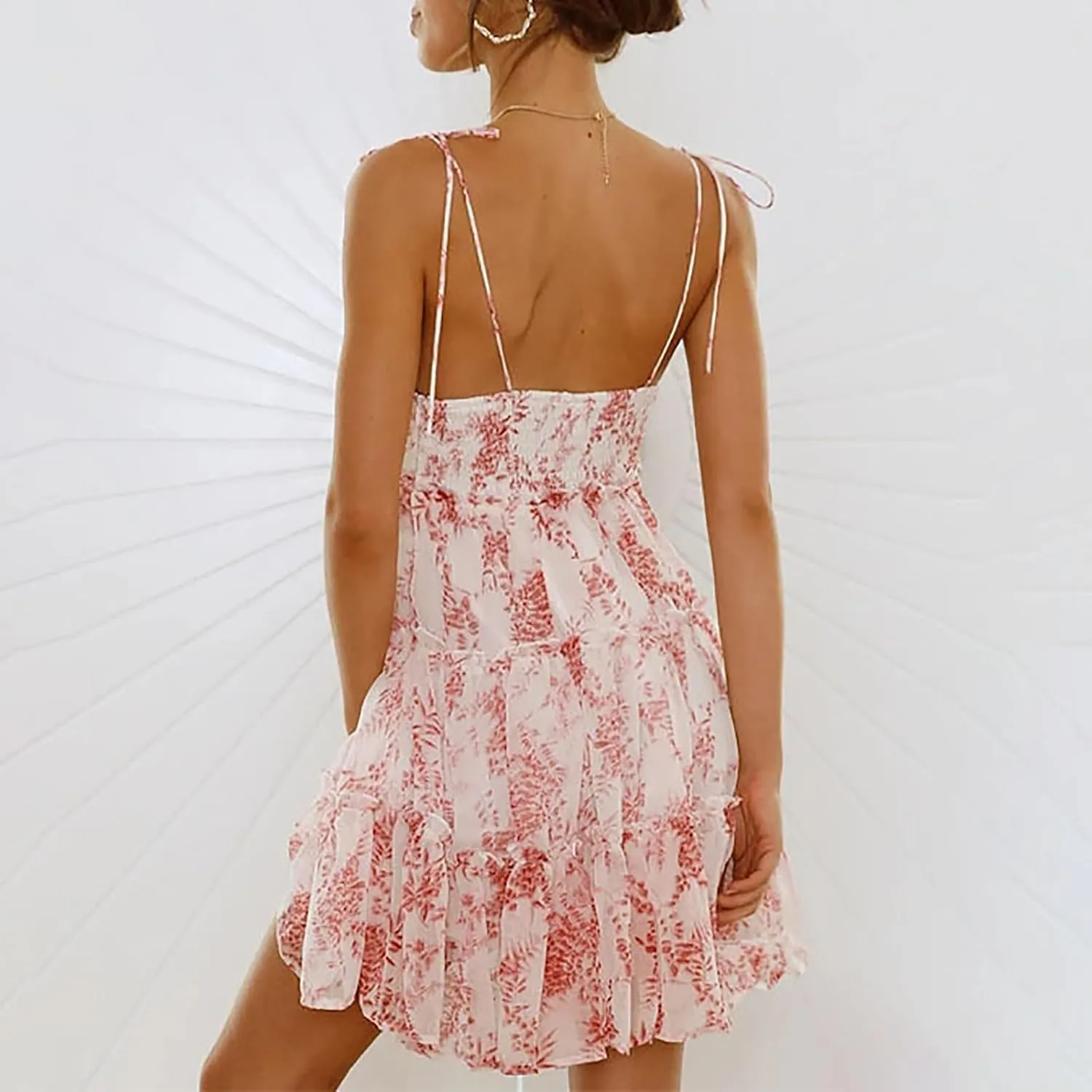 Floral Mini Dress for Women Casual Summer Spaghetti Strap Boho Sundress Cute Short Tiered Ruffle Hem Skater Dress