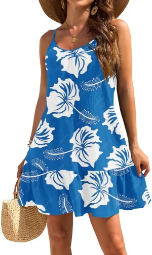 Floral Mini Summer Dresses for Women, Spaghetti Strap Cold Shoulder Ruffle Hem Swimsuits Beach Cover Up Sundress