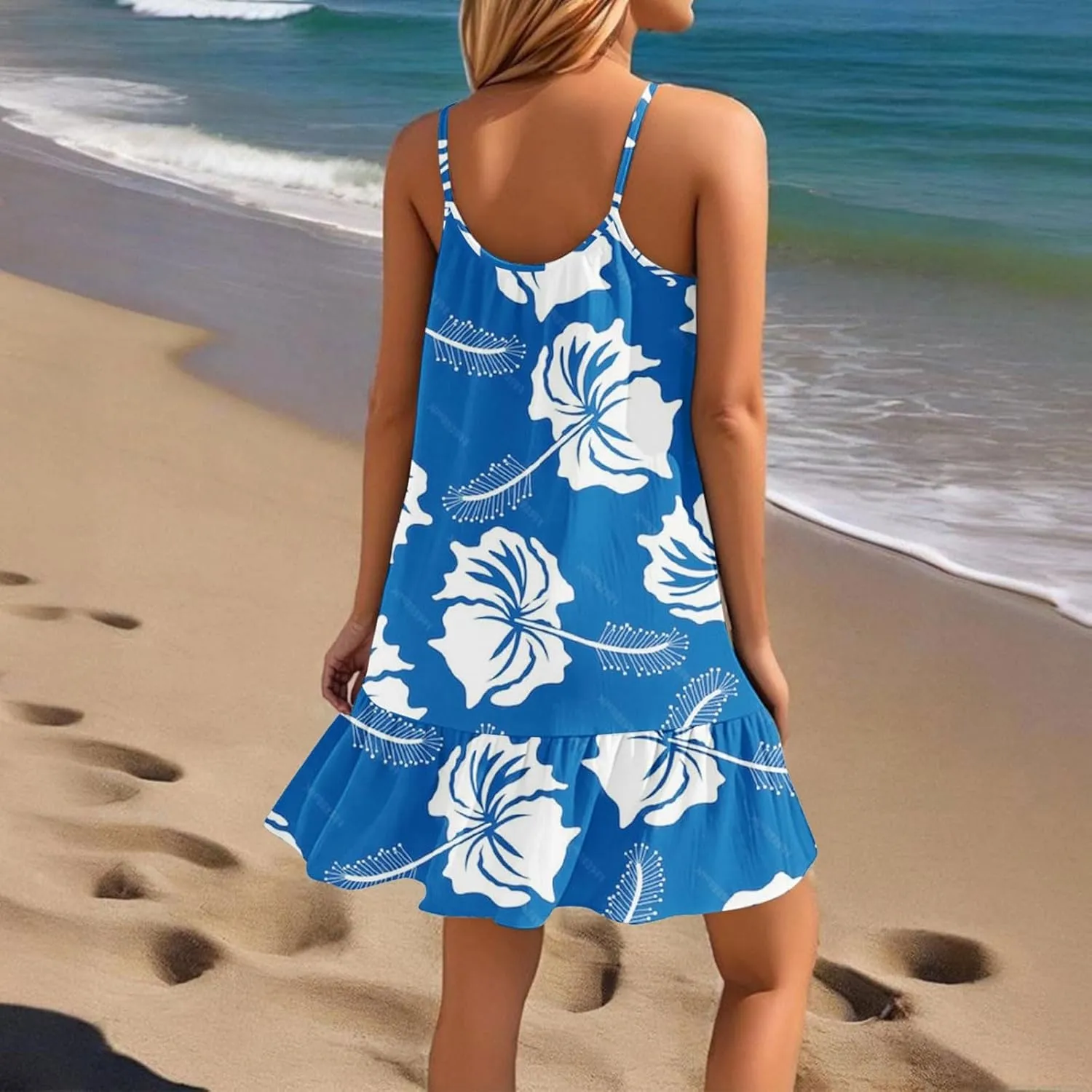 Floral Mini Summer Dresses for Women, Spaghetti Strap Cold Shoulder Ruffle Hem Swimsuits Beach Cover Up Sundress