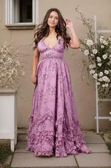 Floral Pearl Prom Dress Chiffon Vintage Printed Strapless Evening Ball Gown with High Split Formal 2025