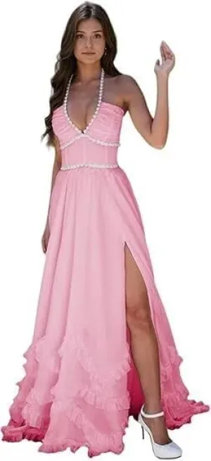 Floral Pearl Prom Dress Chiffon Vintage Printed Strapless Evening Ball Gown with High Split Formal 2025
