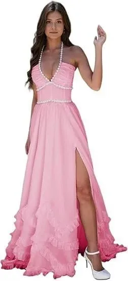 Floral Pearl Prom Dress Chiffon Vintage Printed Strapless Evening Ball Gown with High Split Formal 2025