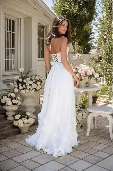 Floral Pearl Prom Dress Chiffon Vintage Printed Strapless Evening Ball Gown with High Split Formal 2025