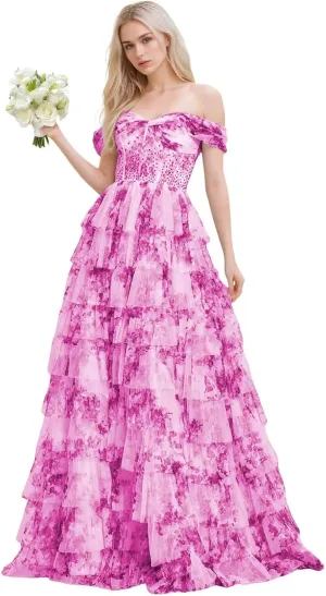 Floral Print Prom Dresses for Teens Chiffon A-line Ball Gown One Shoulder Formal Evening Dresses