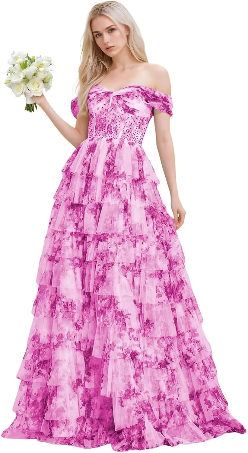 Floral Print Prom Dresses for Teens Chiffon A-line Ball Gown One Shoulder Formal Evening Dresses