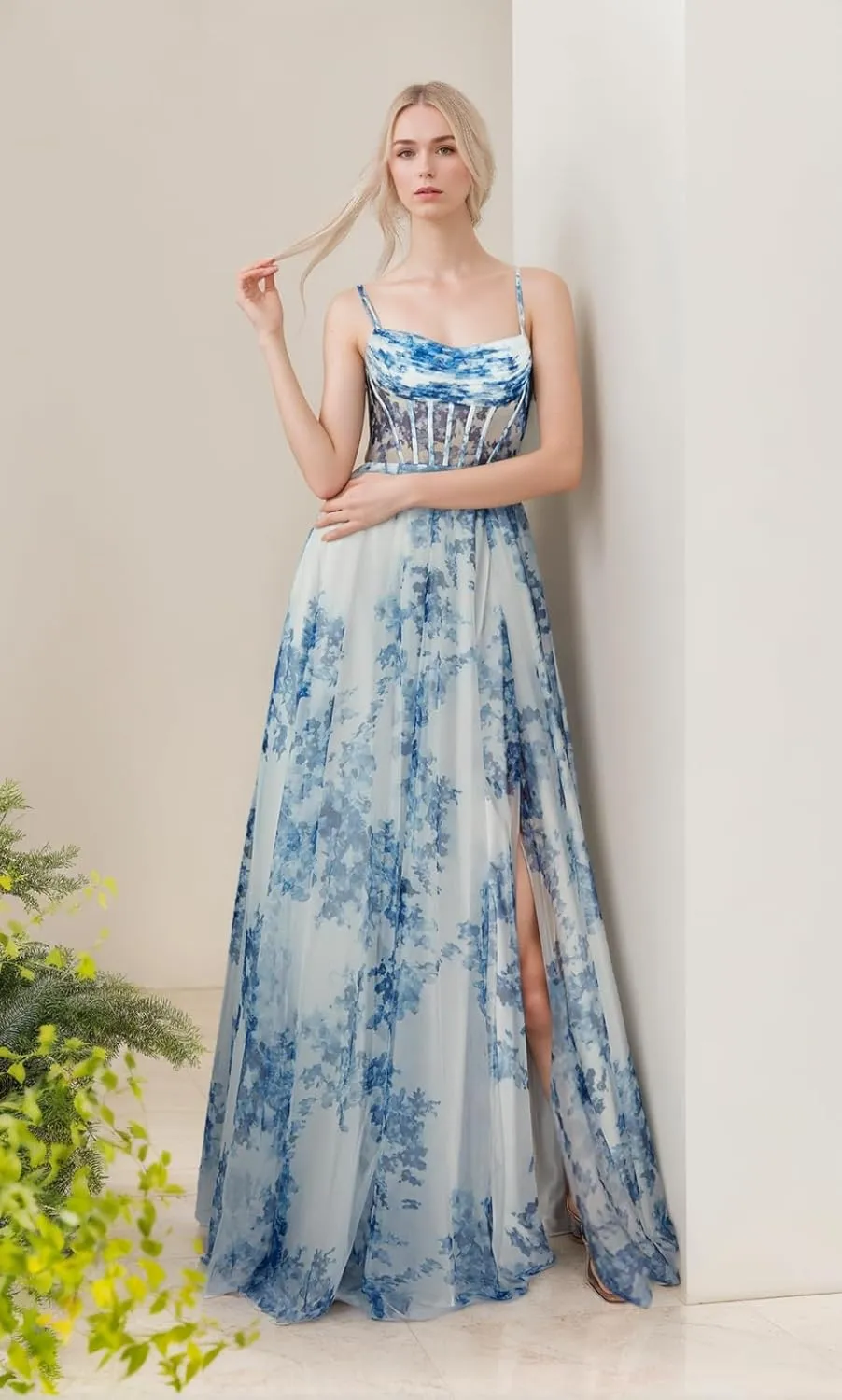 Floral Print Prom Dresses for Teens Long Chiffon Ball Gown Spaghetti Straps A-line Formal Evening Dresses with Slit