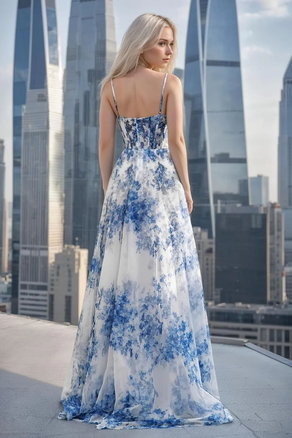 Floral Print Prom Dresses for Teens Long Chiffon Ball Gown Spaghetti Straps A-line Formal Evening Dresses with Slit